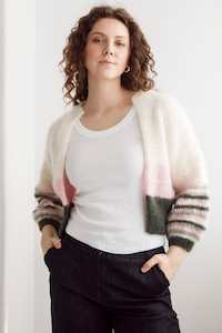 Flock Kate Cardi Creme 3 Tone Stripes Pink Moss