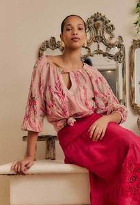 Once Was Sakina Cotton Silk Lace Trim Blouse Palmarosa