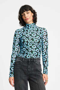 Pom Amsterdam Turtleneck Wildflowers Blue Mesh Top