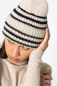 Dinadi Merino Handknit Striped Hat Almond White