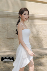 White Pearl Strap Flared Dress with Diagonal Skirt