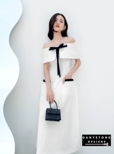 Party Wear: Off-Shoulder Flared Dress with Chest Bow - White