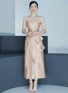 Party Wear: Simple and Elegant Ruffled Front Strapless Dress - Nude, White