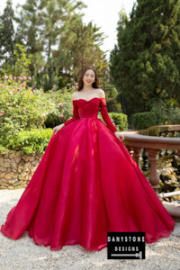 Crimson Off-the-Shoulder Silk Ball Wedding Dress with Long Sleeves