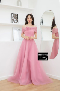 Wedding Dress: Pink Off-the-Shoulder Foam Wedding Dress with Rose Detail