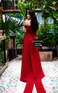 Wedding Dress: Red Off-the-Shoulder Wedding Dress with Bow Train