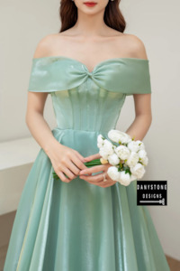 Wedding Dress: Moss Green Off-the-Shoulder Silk Dress with Bow
