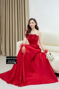Red Off-the-Shoulder Wedding Dress with Brocade Floral Embellishments