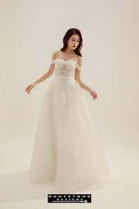 A Line Wedding Dresses: Flat Shoulder Dress with Puffy Flowers