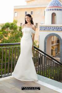 Flat Shoulder Fishtail Wedding Dress with 3D Floral Accents