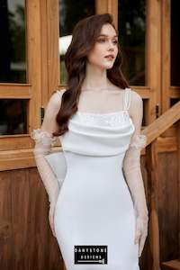 Satin Neckline Wedding Dress with Pearl Strap Back