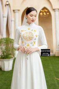 Elegant Red Silk Bridal Gown with Gold Leaf Beading | Danystone Designs