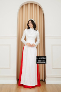Sheath Wedding Dresses: Sophisticated White Brocade Ao Dai with Puffy Sleeves and Floral Embellishments