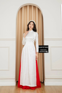 Pure White Brocade Ao Dai with Jade Border and 4 Panels