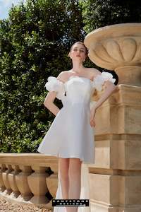 Knee Length Wedding Dresses: Ethereal Strapless Mini Dress with Silk Chiffon Bow Train