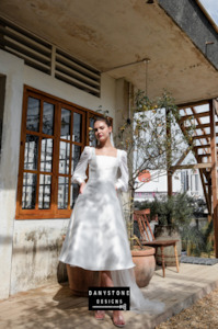 Classic Square Neck Tafta Dress with Button Details