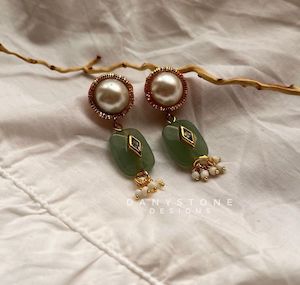 Jade Stone Drop Earrings with Pearl Stud