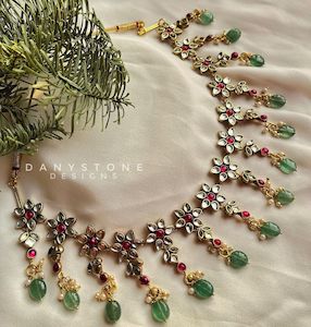 Handmade Jewelry: Premium Handcrafted Polki Necklace with Pink Stones and Jade Drops