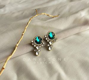 Handmade Jewelry: Handcrafted Bottle Green Swarovski Crystal Earrings with Polki Stones