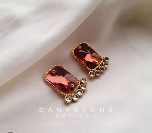 Handmade Jewelry: Handcrafted Coral Pink Crystal Stud Earrings with Polki Stones