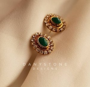 Handmade Jewelry: Handcrafted Studs Using Emerald Green Stones And Rhinestones.