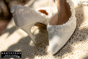 White Wedding Shoes with Rose Lace Trim, 7cm or 9cm Heel