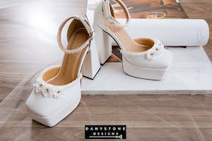 Designer Shoes: White Double Square Toe High Heels with Floral Trim, 13cm