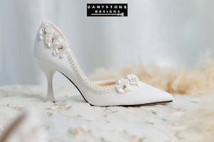 Designer Shoes: Wedding Shoes with Open Waist, Pearl Trim, and Floral Accents