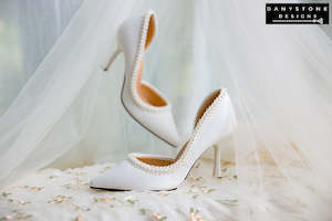 Designer Shoes: Wedding Shoes with Pearl Trim - Metallic Scratched Leather
