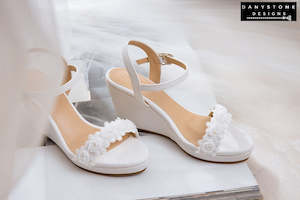 Matte White Leather Canoe Heels with White Rose Lace Trim