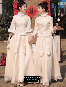 Chinese Style Long Sleeve Stand Collar Champagne Bridesmaid Dress