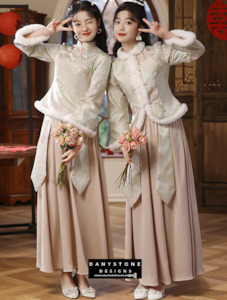 Sweet Chinese Style Green Jacquard Autumn Winter Dress