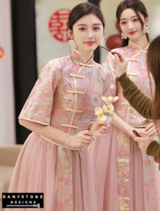 Cultural Wedding Dresses: Elegant Pink Chinese Style Dress with Intricate Embroidery