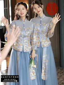 Cultural Wedding Dresses: Elegant Blue Chinese Traditional Wedding Dress with Intricate Embroidery