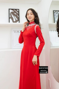 Luxurious Red Silk Bridal Ao Dai with Pearl Embellishments