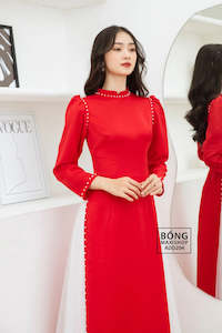 Elegant Red Silk Bridal Ao Dai with Pearl Trim
