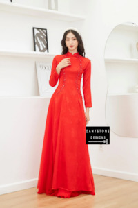 Vietnamese Wedding Dress: Gorgeous Red Brocade Bridal Ao Dai with Pearl Details