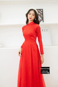 Luxurious Red Brocade Ao Dai with Pearl Beads