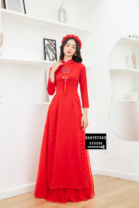 Elegant Bright Red Silk Wedding Ao Dai with Pearl Accents