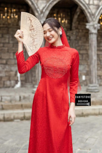 Traditional Red Brocade Bridal Ao Dai with Wedding Panels