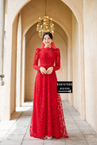 Luxurious Red Lace Bridal Ao Dai with Pearls