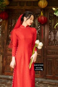 Vietnamese Wedding Dress: Red Brocade Áo Dài with 4 Panels Elegant Bridal Wear