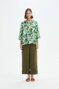 Tirelli: Tirelli High Neck Print Top 25a3750 - Green Geometric Print