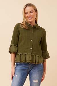 Caroline Morgan 3/4 Sleeve frill denim Jacket J522329 - Khaki