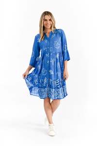 One Summer Vivian V Neck Shirt Dress DW128J - Coral Border Cobalt