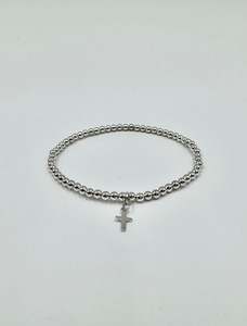 Silver Bead Bracelet/Petite Cross Pendant