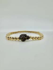 Bracelet: Diamantè Black Skull Gold Bead Bracelet