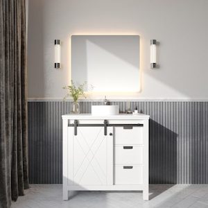 Products: Barn Door 900mm Solid Wood Floor-Standing Vanity – Hampton Series – Matte White
