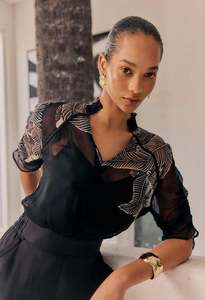 Tops: Samira Viscose Chiffon Ruched Sleeve Blouse in Onyx Casablanca