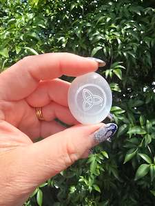 Selenite Mini Palm Stone | Wicca Triquetra